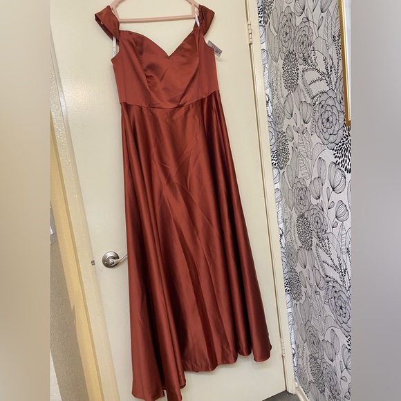 Off-Shoulder Cinnamon / Rust Satin A-Line Dress - Picture 2 of 9